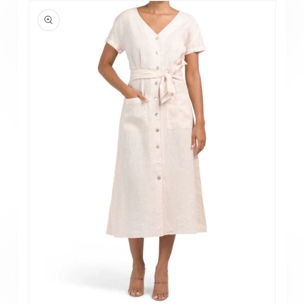 NWT Rachel Zoe Cream Button-Down 100% Linen Short Sleeve Midi Dress. Size S